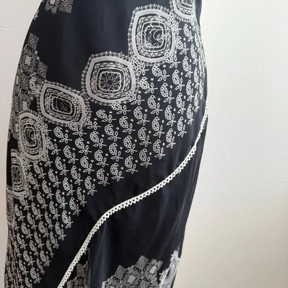 Y2K Sangria Black Mesh Overlay Midi Dress Paisley Sheer Tie Strap Slip 12 - Picture 5 of 8